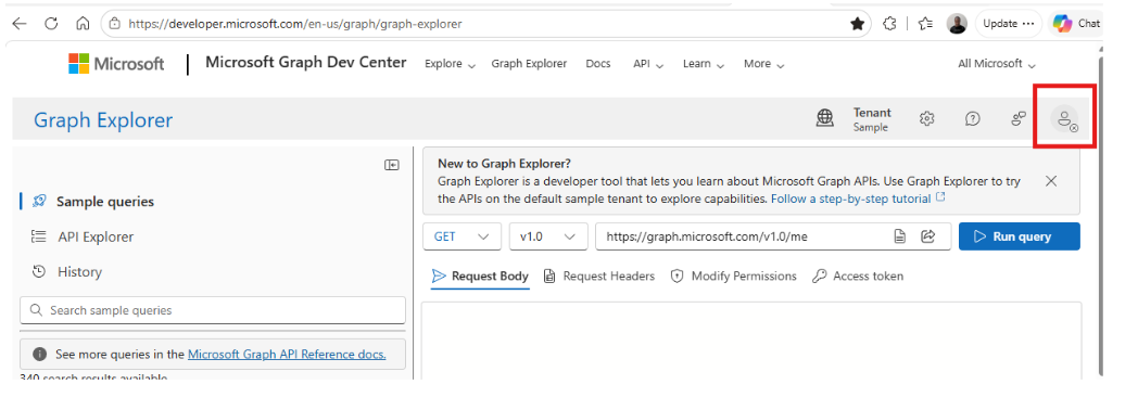 Signing in to Microsoft Graph Explorer using the Sign in button in the top-right corner.