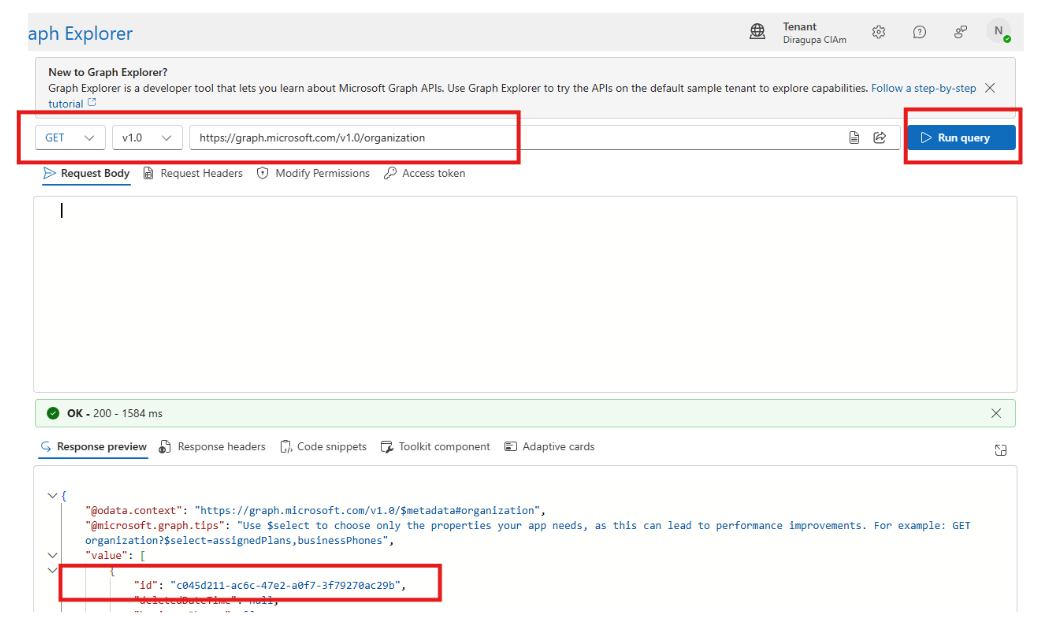 GET request to the organization resource; the id field in the response is the Tenant ID.