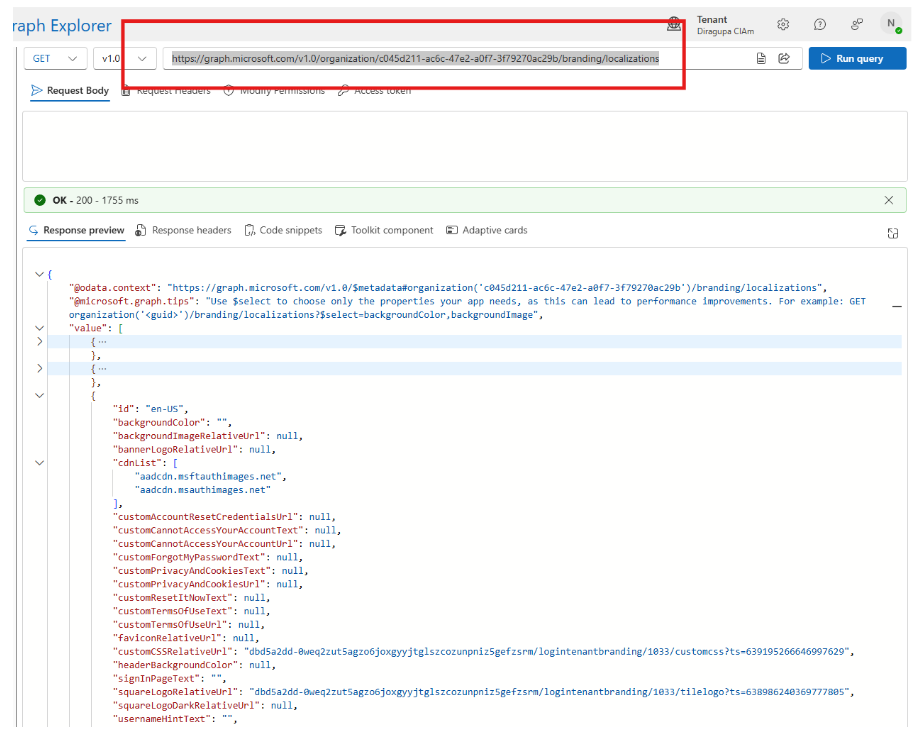 GET request to the branding localizations resource returning a value array of locales.